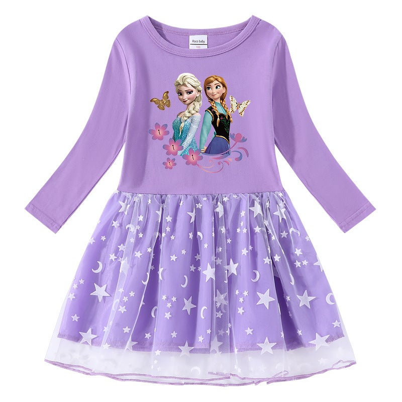 2023 New Girls' Dress Cotton Printed Cartoon Star Moon Mesh Long Sleeve Princess Dress - Image 5