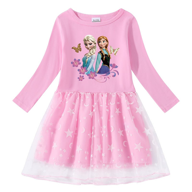 2023 New Girls' Dress Cotton Printed Cartoon Star Moon Mesh Long Sleeve Princess Dress - Image 1