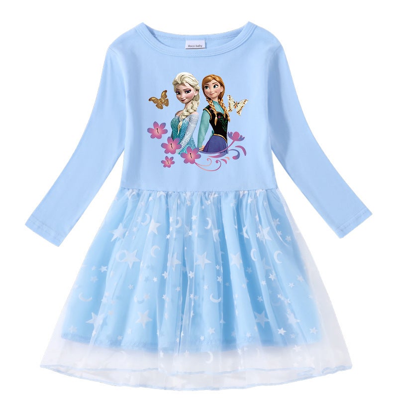 2023 New Girls' Dress Cotton Printed Cartoon Star Moon Mesh Long Sleeve Princess Dress - Image 2