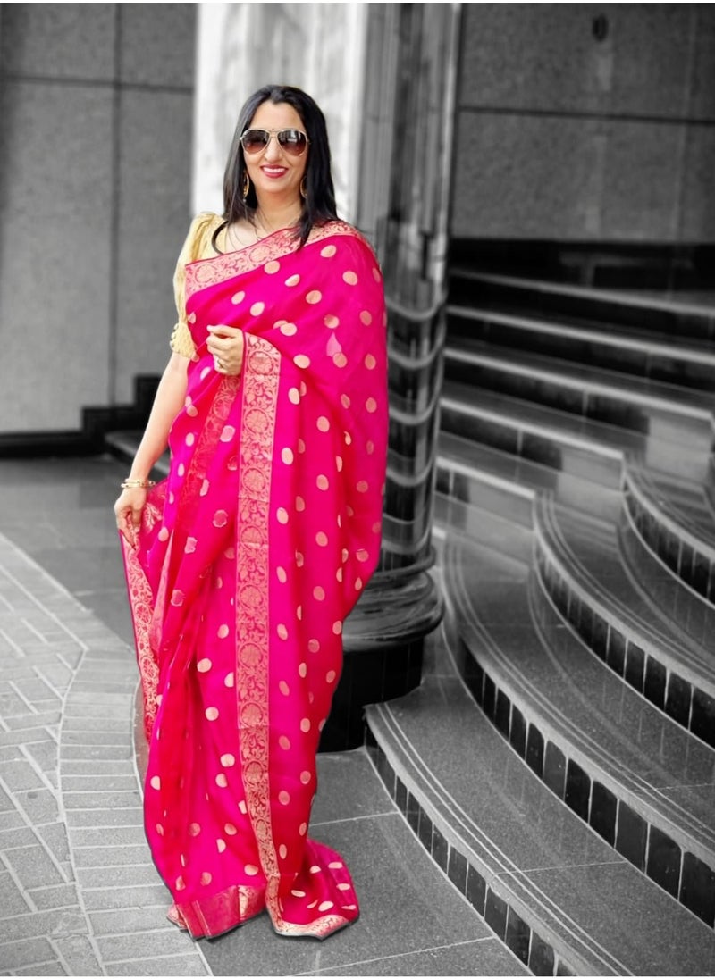 Pink Pure Linen Jute silk saree with golden polka and weaving border Plus unstitched Blouse