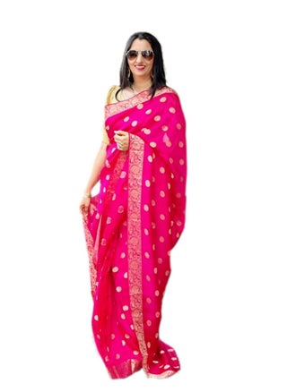 Pink Pure Linen Jute silk saree with golden polka and weaving border Plus unstitched Blouse - pzsku/Z6EF4243092CE0362E7F1Z/45/_/1662903028/c69f1af7-5fe9-466a-bb3c-9810c1bca6f1