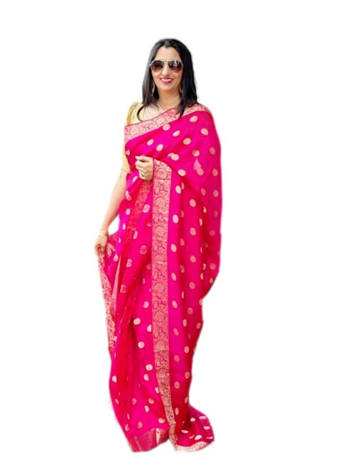 Pink Pure Linen Jute silk saree with golden polka and weaving border Plus unstitched Blouse