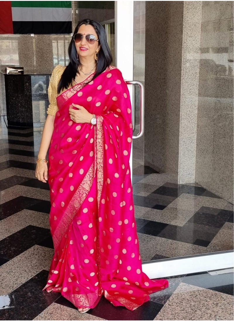 Pink Pure Linen Jute silk saree with golden polka and weaving border Plus unstitched Blouse