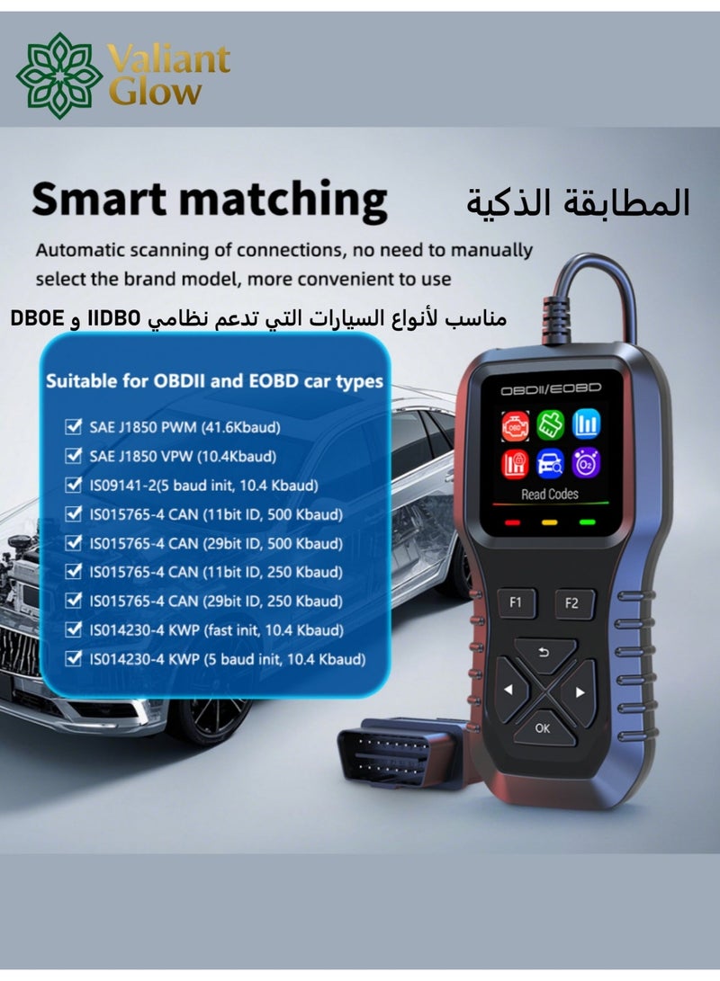 توهج شجاع جهاز فحص أعطال السيارات عالمي OBD2| أداة تشخيص أعطال المحرك وقراءة رموز الأعطال | يدعم اللغة العربية | مزود بخاصية عرض البيانات الحية وحالة جاهزية نظام الانبعاثات | شاشة ملونة لعرض البيانات المجمدة | متوافق مع جميع سيارات OBDII - Image 3