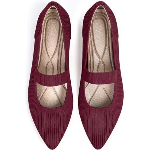 TINGRISE Women's Flats Shoes Pointed Toe Knit Washable Ballet Comfortable Dressy Mary Jane Flat Red US6.5 - Image 1