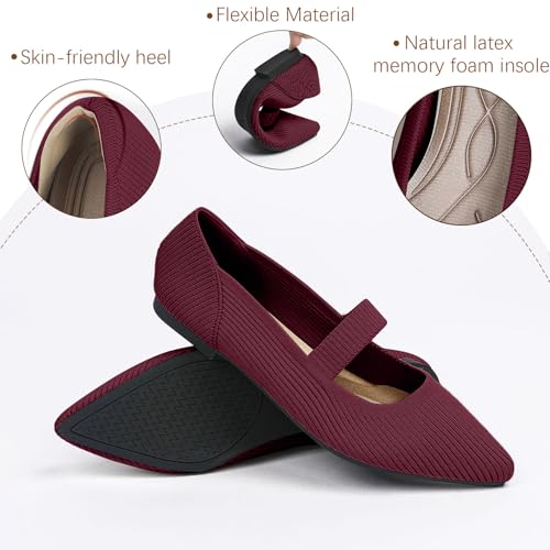 TINGRISE Women's Flats Shoes Pointed Toe Knit Washable Ballet Comfortable Dressy Mary Jane Flat Red US6.5 - Image 2