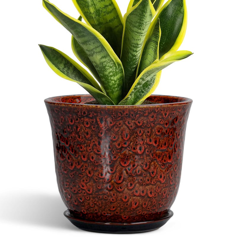 SUNPOTFOR Ceramic Planter - 8 Inch Plant Pot for Indoor Outdoor, Ceramic Flower Pots with Drainage Hole and Saucer, Round Planter, Decorative Plant Pot, Room Home Apartment Decor, Gift for Women, Red - Image 1