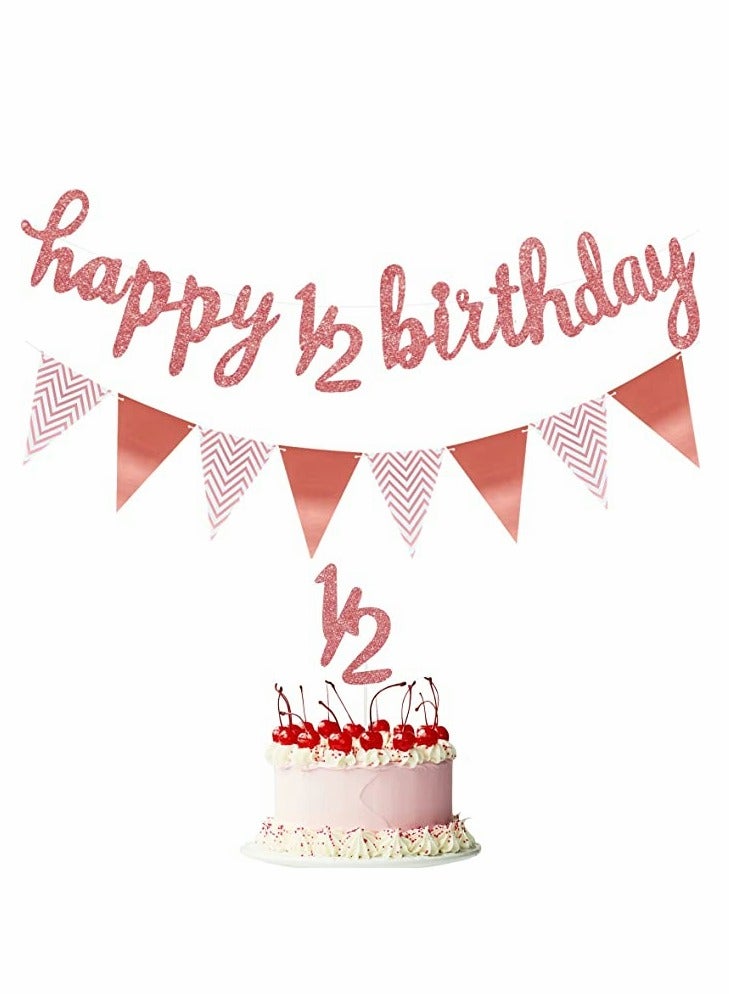 KASTWAVE 6 Months Banner Happy Birthday Banner Happy 1/2 Birthday Banner Glitter 1/2 Half Year Cake Topper Triangle Flag Banner for Half Year Baby Shower Birthday Party Decoration, Pre-Strung - Image 1