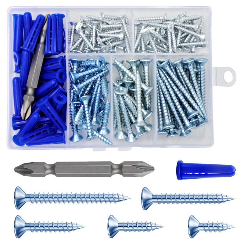 Wensilon (150Pcs) Zinc Wood Screw Quick Metal Self Tapping Flat Head with Drywall Plastic Anchors kit - Image 3