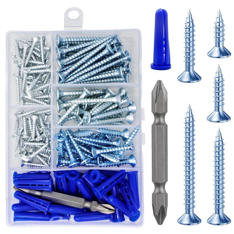 Wensilon (150Pcs) Zinc Wood Screw Quick Metal Self Tapping Flat Head with Drywall Plastic Anchors kit - Image 1
