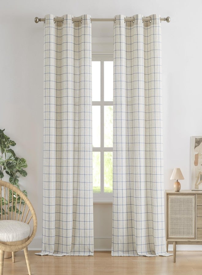 Bapawfish Buffalo Plaid Curtain Panels 84 Inches Long,Woven Dusty Blue Stripes on Beige Linen Blended Light Filtering Fabric,Farmhosue Window Treatment for Bedroom,40" Wx84 Lx2 - Image 1