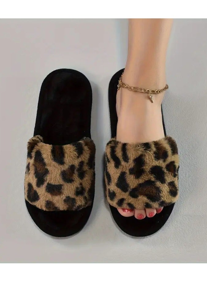 Rozino Cozy Leopard Print Women's Slippers - Soft, Warm Fabric Indoor Shoes with Non-Slip EVA Sole, Perfect for All Seasons, Ladies Slippers Coffee Color 40-41 - Image 1