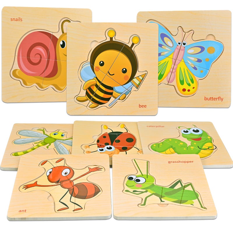 Faburo Wooden Puzzles for Toddlers 1-3, 8pcs Shapes, Insect Animal Themed Montessori Toys for 1 Year Old Learning, Educational Preschool Toys for Boys Girls - Image 1