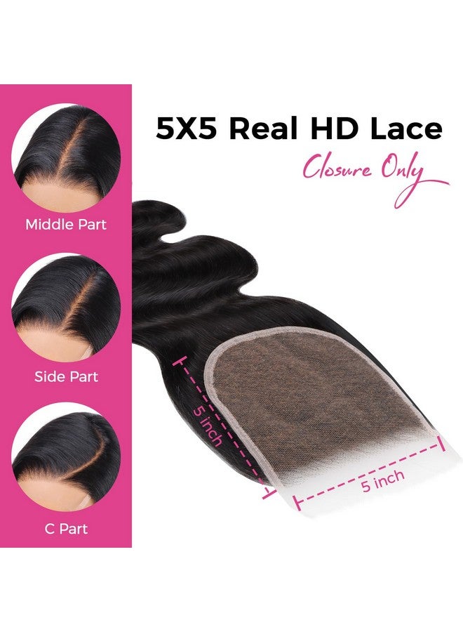 لاشي 5X5 إغلاق الدانتيل عالي الدقة، إغلاق عالي الدقة أسود طبيعي، عقدة مبيضة مسبقًا، خط شعر مموج مسبقًا، شعر بشري 14 بوصة - Image 2