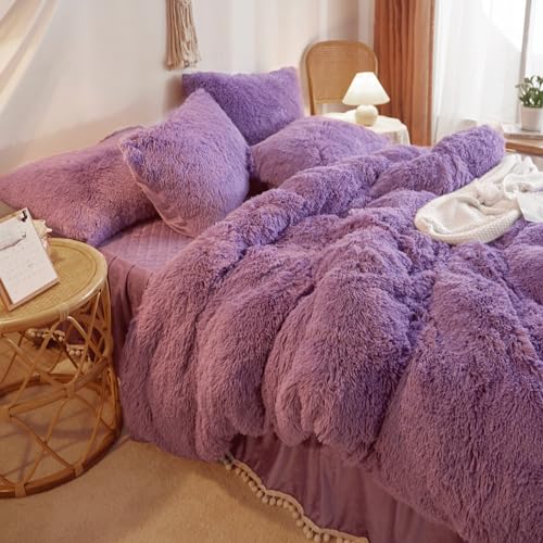 HAIHUA Shaggy Purple Comforter Cover Twin Set, Faux Fur Purple Girls Twin Bedding Set 2 Pieces (1 Fuzzy Duvet Cover + 1 Fluffy Plush Pillow Cases) Girls Plush Bed Set, Fluffy Bed Set, Zipper Closure - Image 3