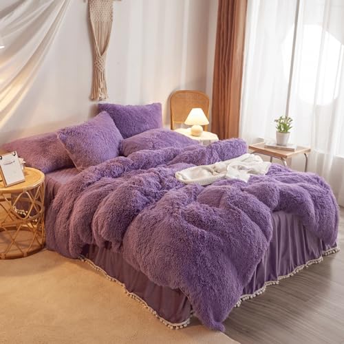 HAIHUA Shaggy Purple Comforter Cover Twin Set, Faux Fur Purple Girls Twin Bedding Set 2 Pieces (1 Fuzzy Duvet Cover + 1 Fluffy Plush Pillow Cases) Girls Plush Bed Set, Fluffy Bed Set, Zipper Closure - Image 2