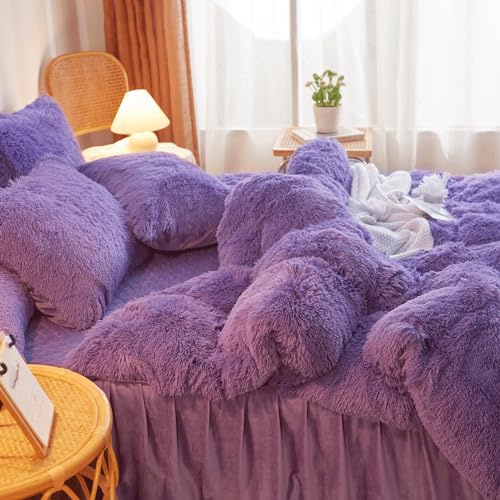 HAIHUA Shaggy Purple Comforter Cover Twin Set, Faux Fur Purple Girls Twin Bedding Set 2 Pieces (1 Fuzzy Duvet Cover + 1 Fluffy Plush Pillow Cases) Girls Plush Bed Set, Fluffy Bed Set, Zipper Closure - Image 4
