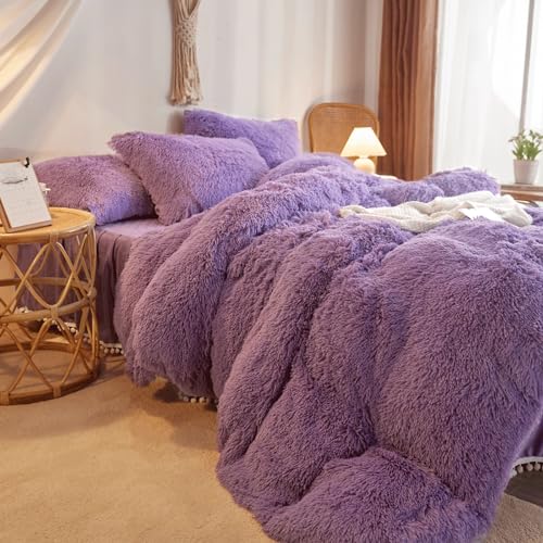 HAIHUA Shaggy Purple Comforter Cover Twin Set, Faux Fur Purple Girls Twin Bedding Set 2 Pieces (1 Fuzzy Duvet Cover + 1 Fluffy Plush Pillow Cases) Girls Plush Bed Set, Fluffy Bed Set, Zipper Closure - Image 5