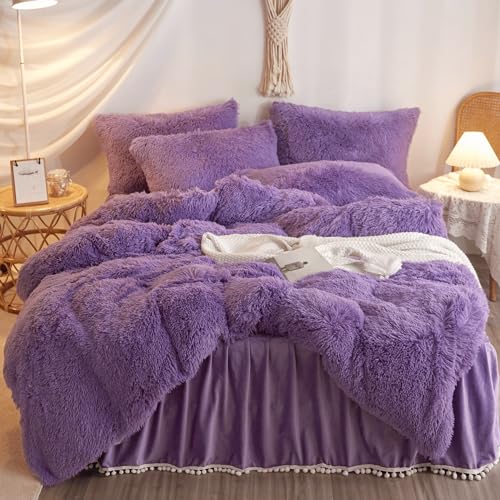HAIHUA Shaggy Purple Comforter Cover Twin Set, Faux Fur Purple Girls Twin Bedding Set 2 Pieces (1 Fuzzy Duvet Cover + 1 Fluffy Plush Pillow Cases) Girls Plush Bed Set, Fluffy Bed Set, Zipper Closure - Image 1