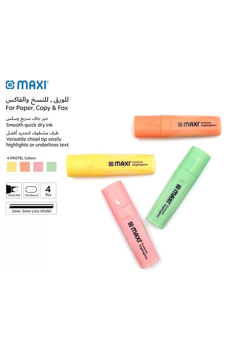 Maxi - Maxi Premium Highlighter 4pc Pastel Colour (Yellow,Green,Orange and Pink),2 Different line widths 2 and 5 mm, Durable chisel tip - Image 1