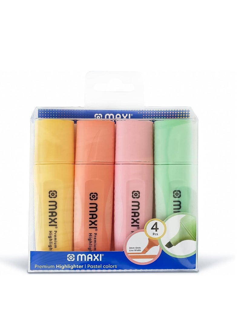 Maxi - Maxi Premium Highlighter 4pc Pastel Colour (Yellow,Green,Orange and Pink),2 Different line widths 2 and 5 mm, Durable chisel tip - Image 1