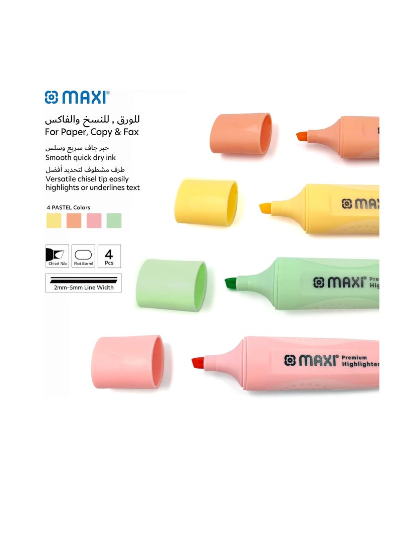 Maxi - Maxi Premium Highlighter 4pc Pastel Colour (Yellow,Green,Orange and Pink),2 Different line widths 2 and 5 mm, Durable chisel tip - Image 1