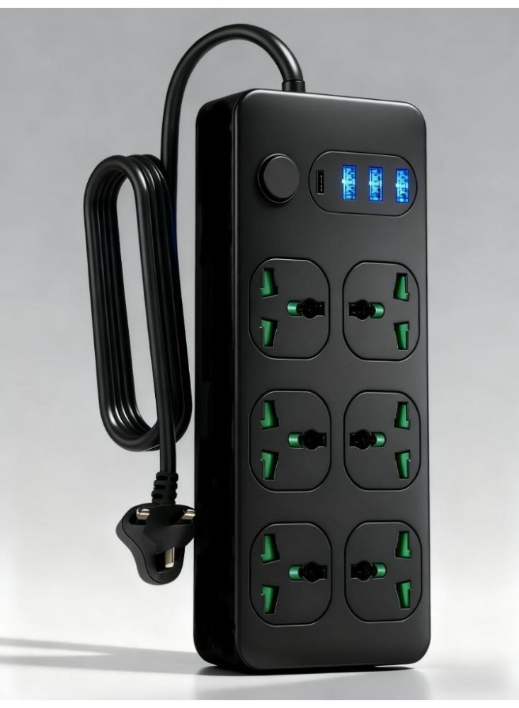 أهاكاك وصلة كهربائية عالمية بستة منافذ (3 منافذ USB ومنفذ Type-C واحد)، مقبس طاقة، سلك مقبس طاقة بستة منافذ، وصلة تمديد - Image 1