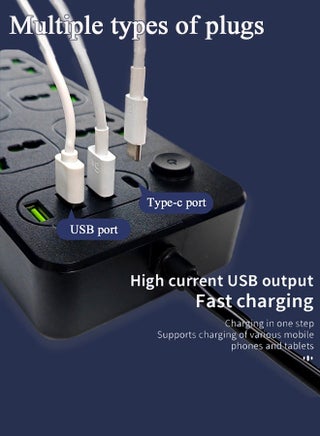 وصلة كهربائية عالمية بستة منافذ (3 منافذ USB ومنفذ Type-C واحد)، مقبس طاقة، سلك مقبس طاقة بستة منافذ، وصلة تمديد - view 2