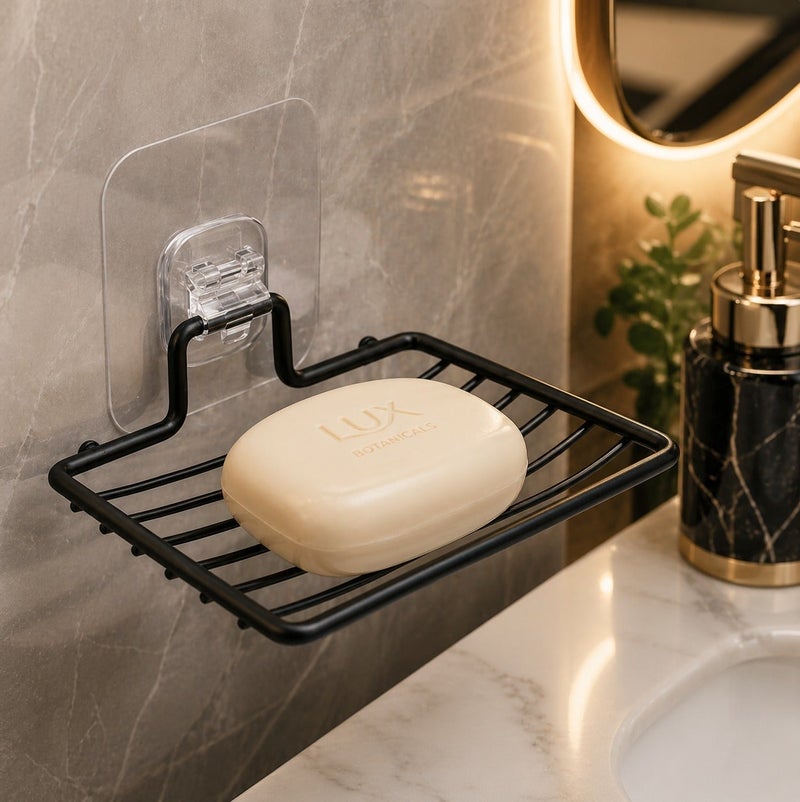 Dunekart Stainless Steel Adhesive Soap Dish Holder | Wall-Mounted No-Drill Soap & Sponge Rack for Bathroom & Kitchen (Pack of 1, Black) - Image 1