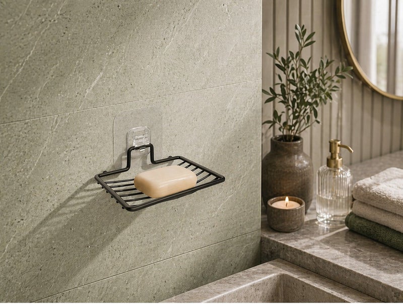 Dunekart Stainless Steel Adhesive Soap Dish Holder | Wall-Mounted No-Drill Soap & Sponge Rack for Bathroom & Kitchen (Pack of 1, Black) - Image 3