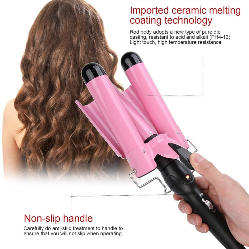 woobles Hair Curler, Wave Wand 32mm 3 Barrel Hair Curler Waver Curling Iron Wand Tourmaline Ceramic Hair Crimpers Adjustable Temperature Hair Styling Tools, Wave Wand 32mm for Long/Short-US 32mm - Image 2