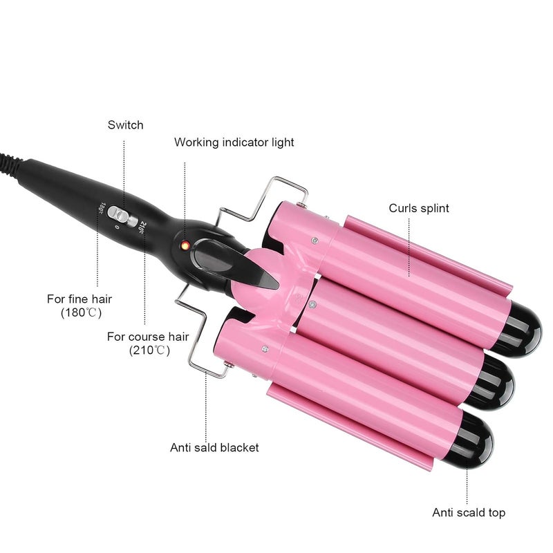 woobles Hair Curler, Wave Wand 32mm 3 Barrel Hair Curler Waver Curling Iron Wand Tourmaline Ceramic Hair Crimpers Adjustable Temperature Hair Styling Tools, Wave Wand 32mm for Long/Short-US 32mm - Image 4