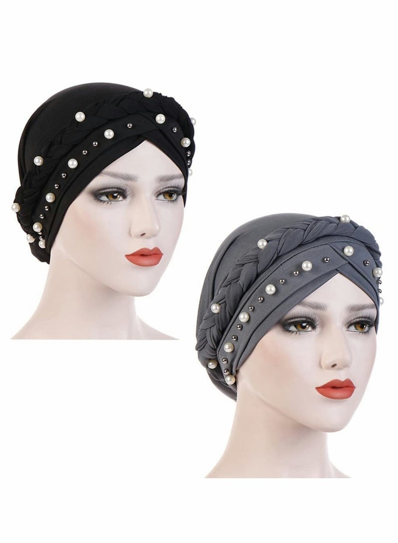 KASTWAVE Women's Bandana Beaded Braided Bandana Hat Head Scarf Cancer Bandana for Women Cancer Chemotherapy Beanie Hat Headwear 2Pcs - Image 2