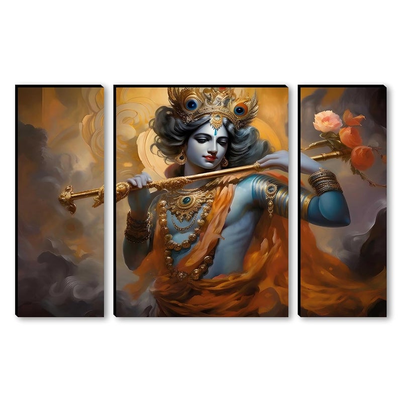 SAF Lord Krishna Wall Painting – 3 Panel Spiritual Artwork | Divine Krishna Playing Flute with Golden Ornaments | Devotional Wall Décor for Living Room, Bedroom, Pooja Room (20 x 12 Inch) JM-36107 - Image 1