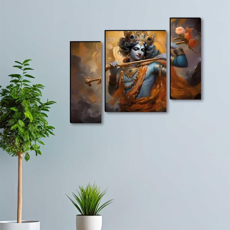 SAF Lord Krishna Wall Painting – 3 Panel Spiritual Artwork | Divine Krishna Playing Flute with Golden Ornaments | Devotional Wall Décor for Living Room, Bedroom, Pooja Room (20 x 12 Inch) JM-36107 - Image 3