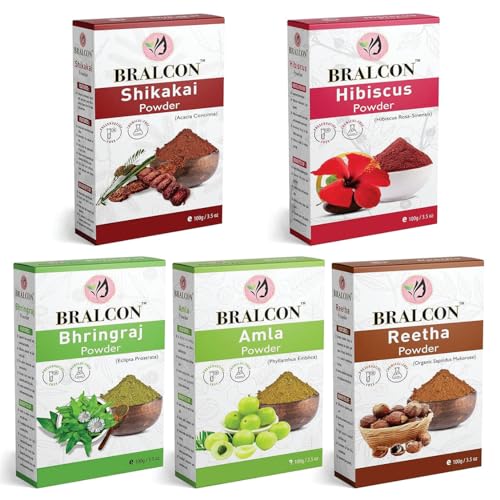 BRALCON Natural Amla, Reetha, Shikakai, Bhringraj, Hibiscus Powder Combo 500g (100g x 5 Pack) Hair Conditioner for Hair & Skin Care - Image 1