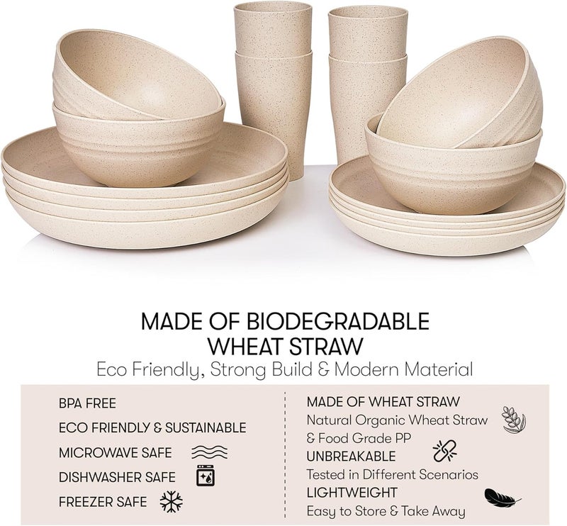 SWEVEN Wheat Straw Dinnerware Sets  Unbreakable Dinnerware Sets  Dishwasher Microwave Safe Dinnerware  Eco Friendly Non Breakable Dinnerware Sets  RV Outdoor Camping Beige Service for 4 16 pcs - Image 4