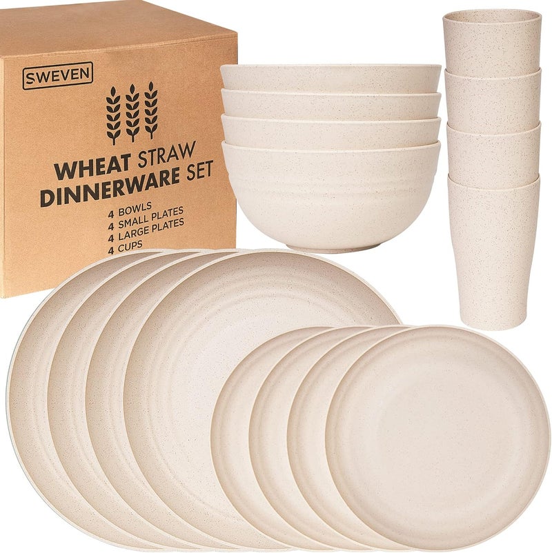 SWEVEN Wheat Straw Dinnerware Sets  Unbreakable Dinnerware Sets  Dishwasher Microwave Safe Dinnerware  Eco Friendly Non Breakable Dinnerware Sets  RV Outdoor Camping Beige Service for 4 16 pcs - Image 1