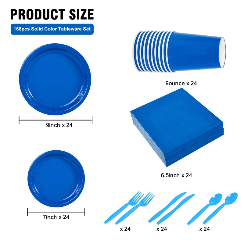 Ottin 168pcs Royal Blue Paper Plates and Napkins Party Supplies Plastic Spoons Knives Forks Cups Disposable Decoration for Birthday Wedding Easter Earth Day Father's Day Passover - Image 1
