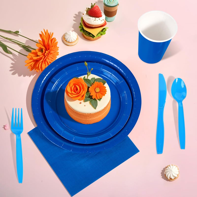 Ottin 168pcs Royal Blue Paper Plates and Napkins Party Supplies Plastic Spoons Knives Forks Cups Disposable Decoration for Birthday Wedding Easter Earth Day Father's Day Passover - Image 4