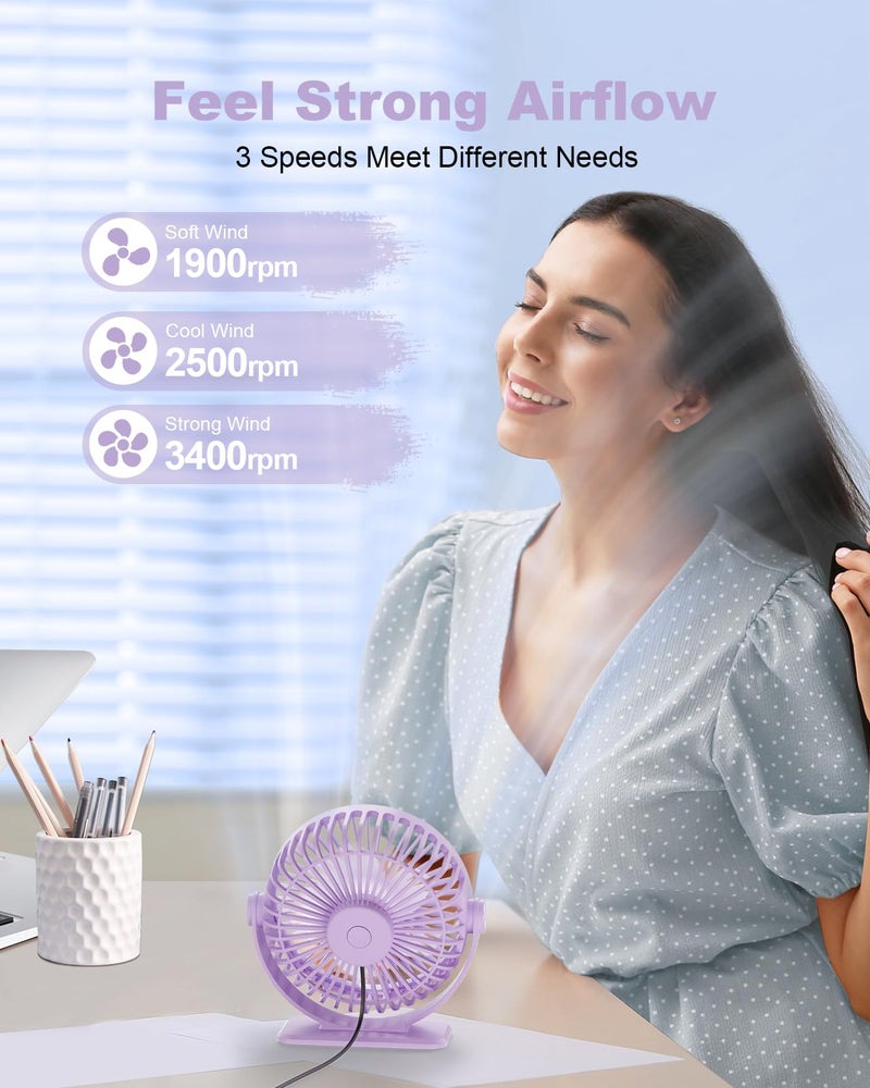 TriPole Desk Fan USB Powered Small Portable Fan, 3 Speeds Adjustable Strong Breeze Mini Personal Fan, 360Â° Rotation Quiet Plug In USB Fan for Desktop Bedroom Office Table Travel, Purple, 4.9ft Cable - Image 3