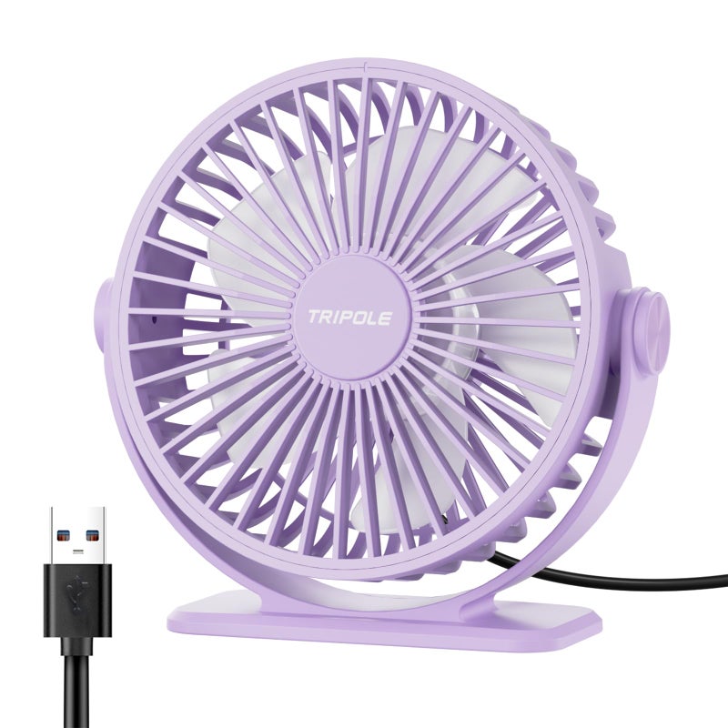 TriPole Desk Fan USB Powered Small Portable Fan, 3 Speeds Adjustable Strong Breeze Mini Personal Fan, 360Â° Rotation Quiet Plug In USB Fan for Desktop Bedroom Office Table Travel, Purple, 4.9ft Cable - Image 1