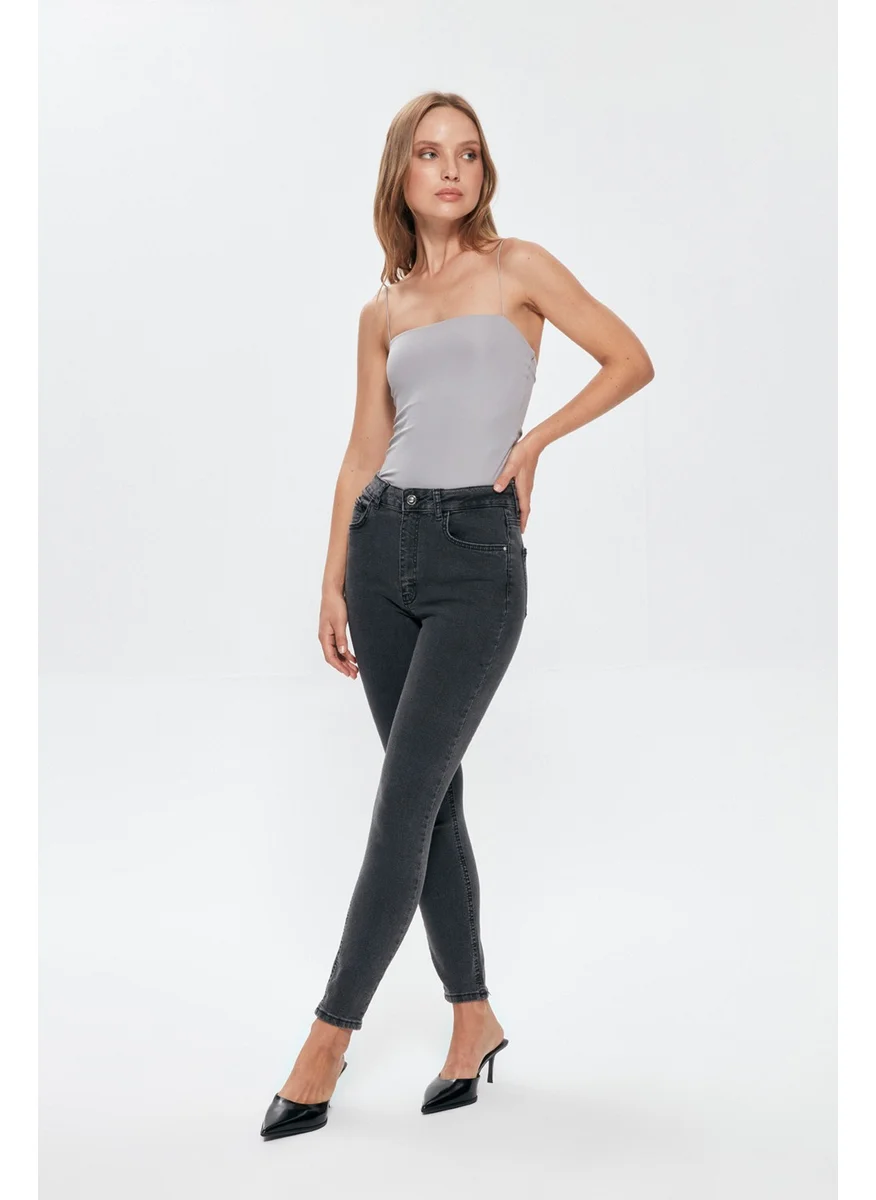 QUZU High Waist Slim Leg Jeans Trousers Gray