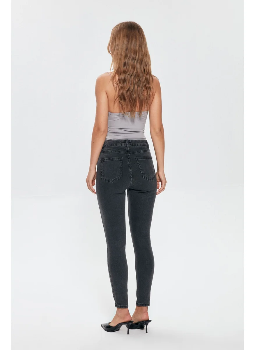 QUZU High Waist Slim Leg Jeans Trousers Gray