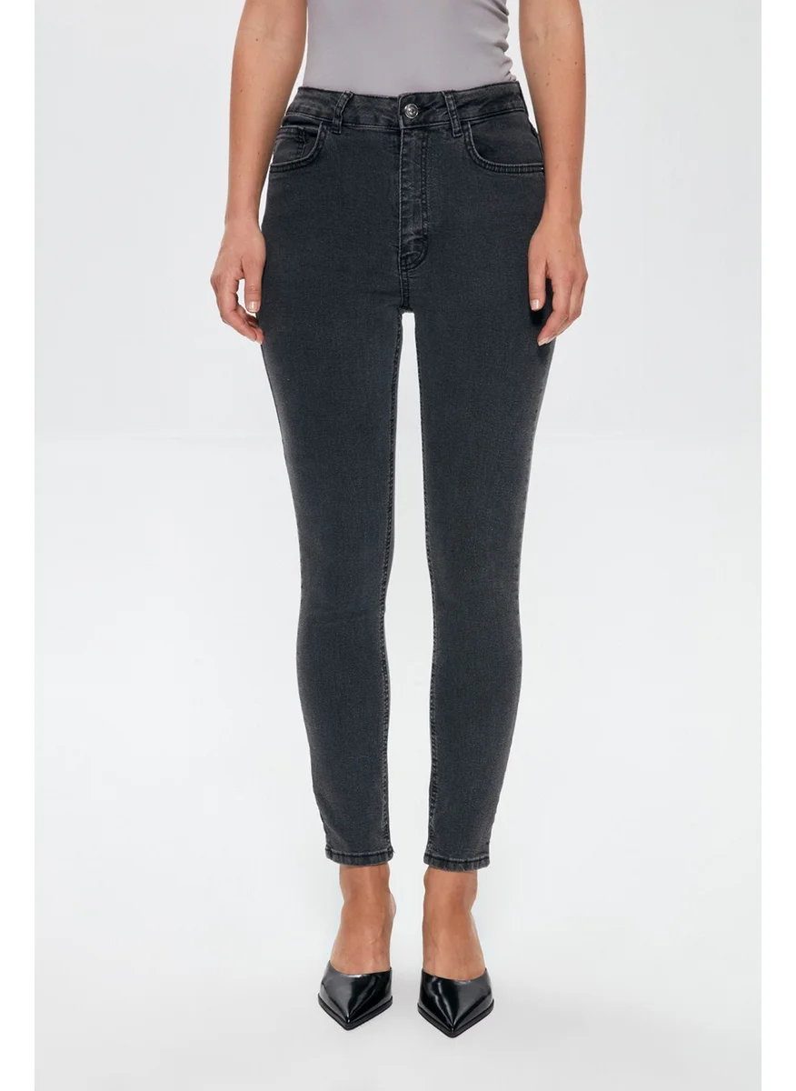 QUZU High Waist Slim Leg Jeans Trousers Gray