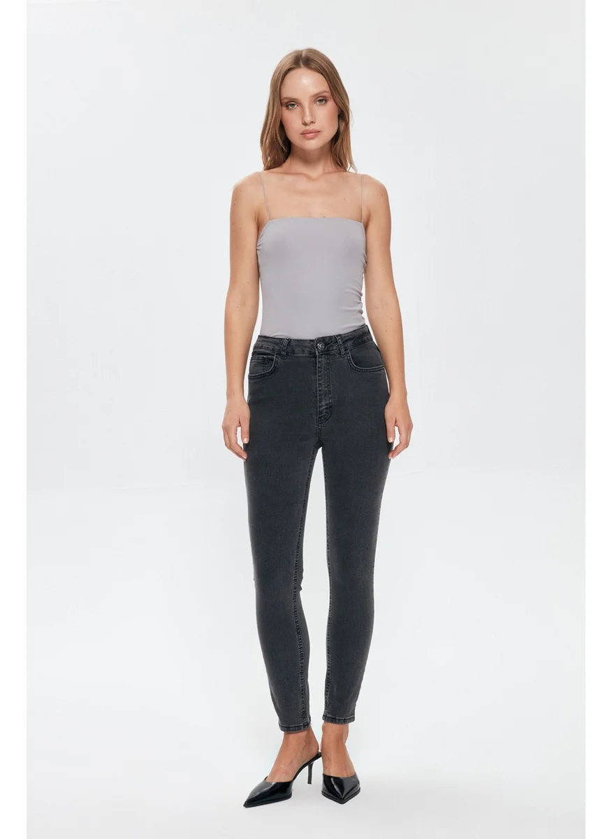 QUZU High Waist Slim Leg Jeans Trousers Gray