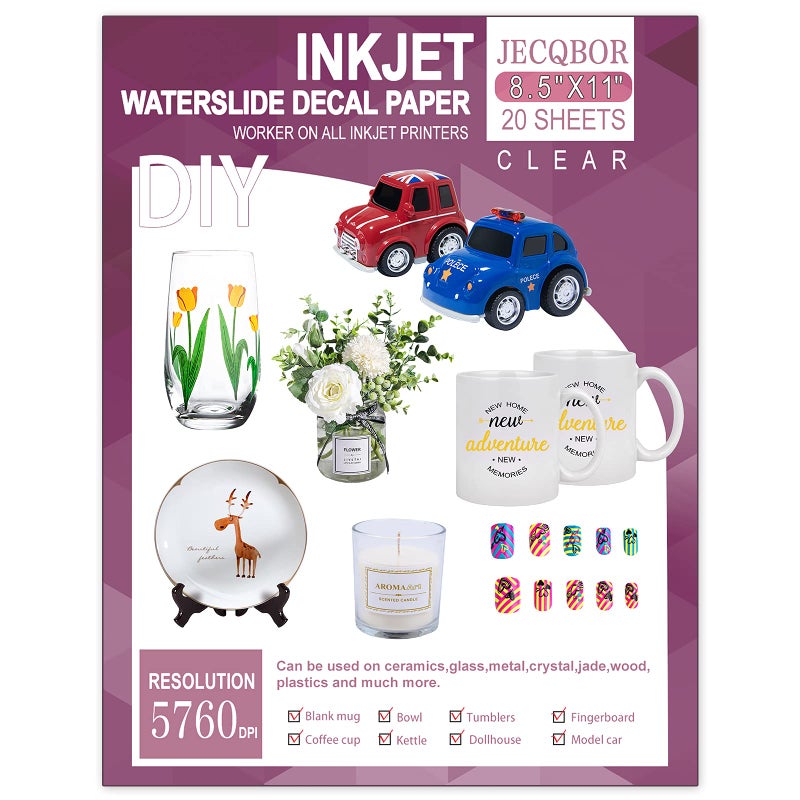 Jecqbor 20 Sheets Waterslide Decal Paper Inkjet Clear 8.5X11 Inch Water Slide Transfer Paper Transparent Printable For Tumblers Ceramics Plastics Glasses Diy - Image 1