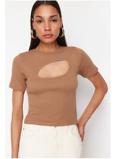 Brown Cut Out Detailed Fitted Crew Neck Crop Ribbed Stretchy Knitted Blouse TWOSS22BZ0355