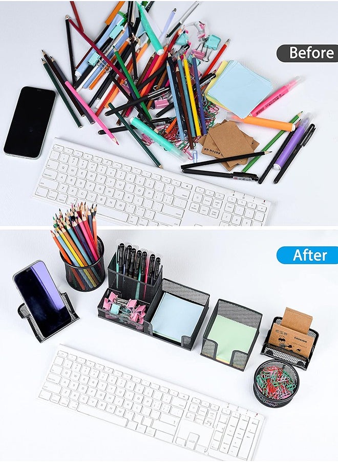 Pen Holder for Desk 6 Pieces Mesh Desk Organizer set 3 Compartments pens holder Mail Organizer Letter Holder Home Office Supplies Caddy Storage Baskets for Desktop Accessories