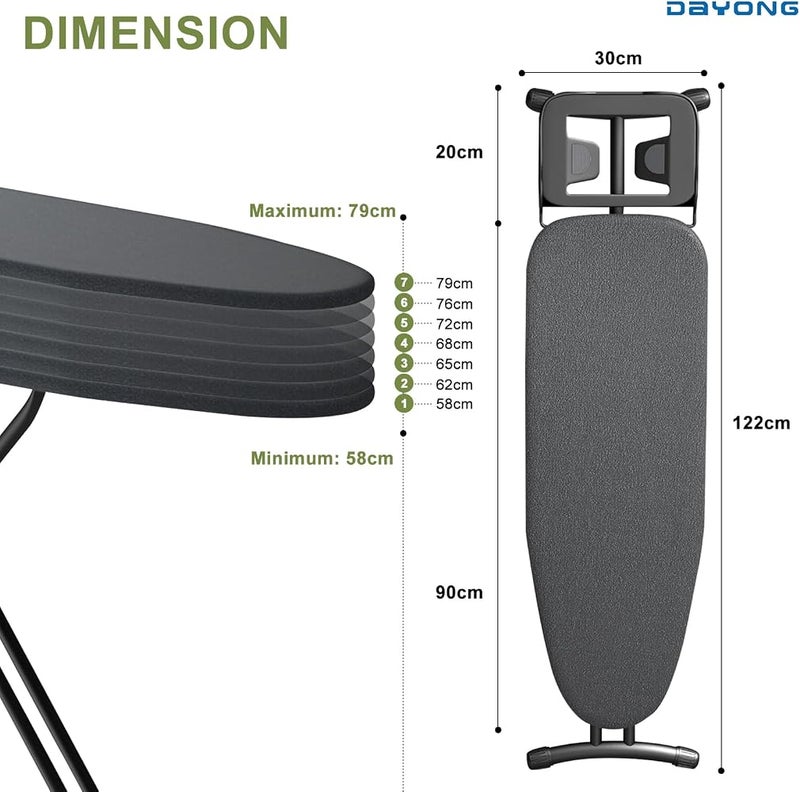 دايونغ طاولة الكي DAYONG 12"x36"، قابلة لتعديل الارتفاع، مزودة بمسند للمكواة البخارية وأغطية مقاومة للحرارة، طاولة كي قابلة للطي للاستخدام المنزلي (سوداء) - Image 2